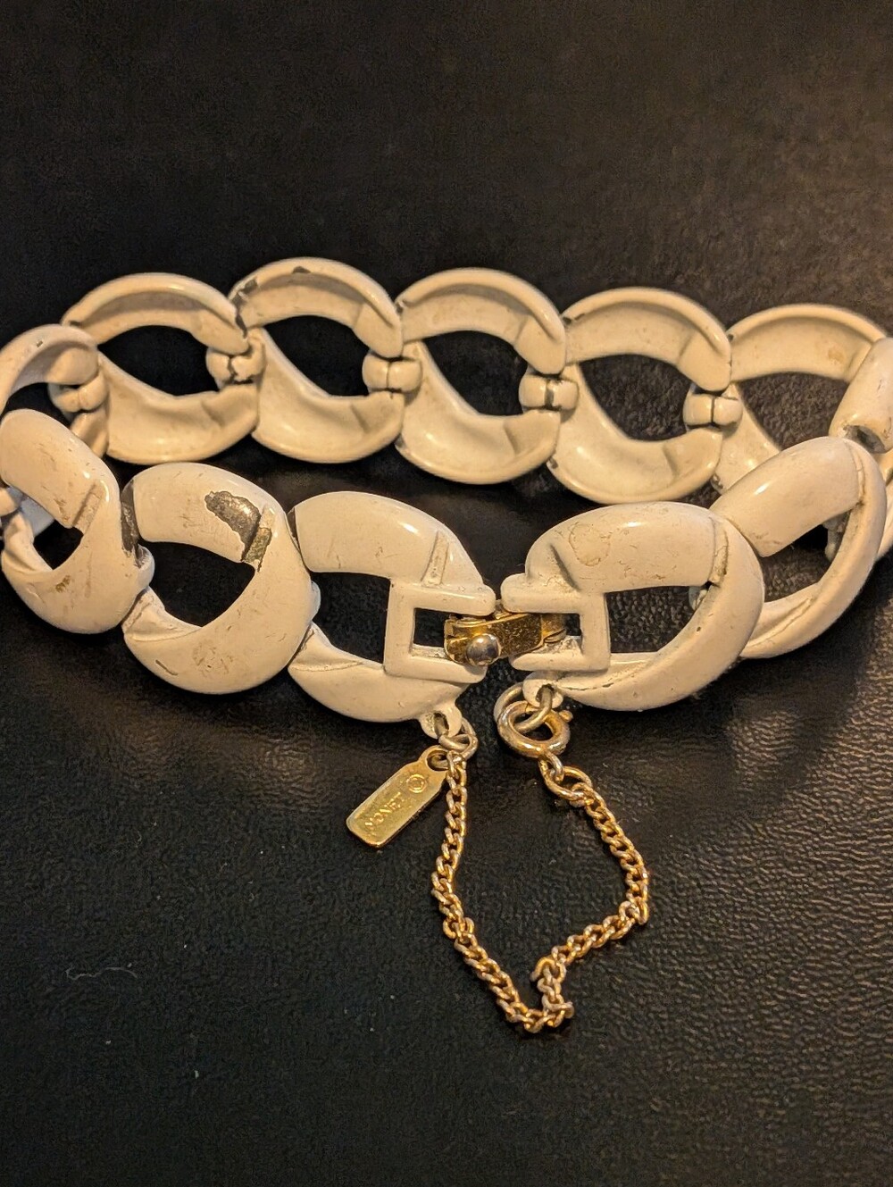 Vintage MONET White Enamel Chunky Link Bracelet Safety Chain